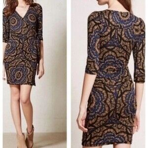 anthropologie lena wrap Dress  Small Blue Gold Floral Boho Mini vanessa virginia